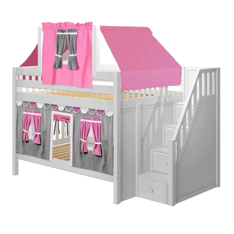 Maxtrix Full Low Bunk Bed with Stairs, Curtain + Top Tent