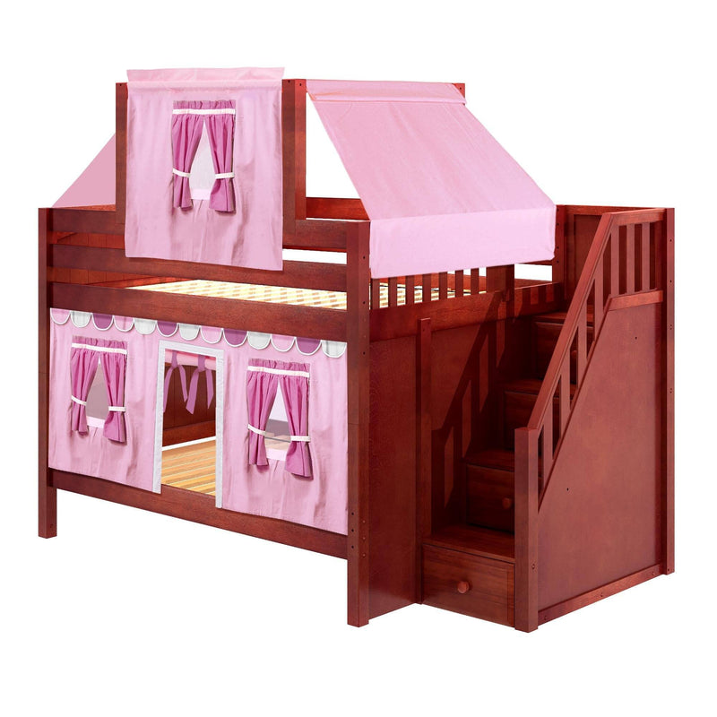 Maxtrix Full Low Bunk Bed with Stairs, Curtain + Top Tent