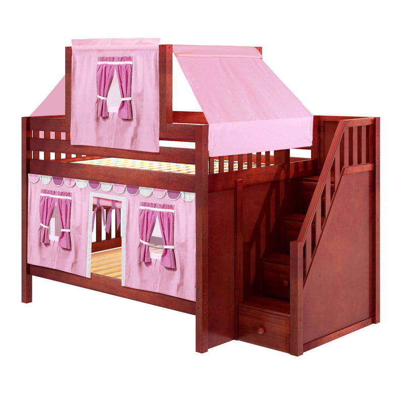 Maxtrix Full Low Bunk Bed with Stairs, Curtain + Top Tent