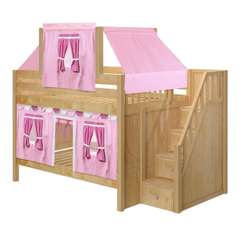 Maxtrix Full Low Bunk Bed with Stairs, Curtain + Top Tent
