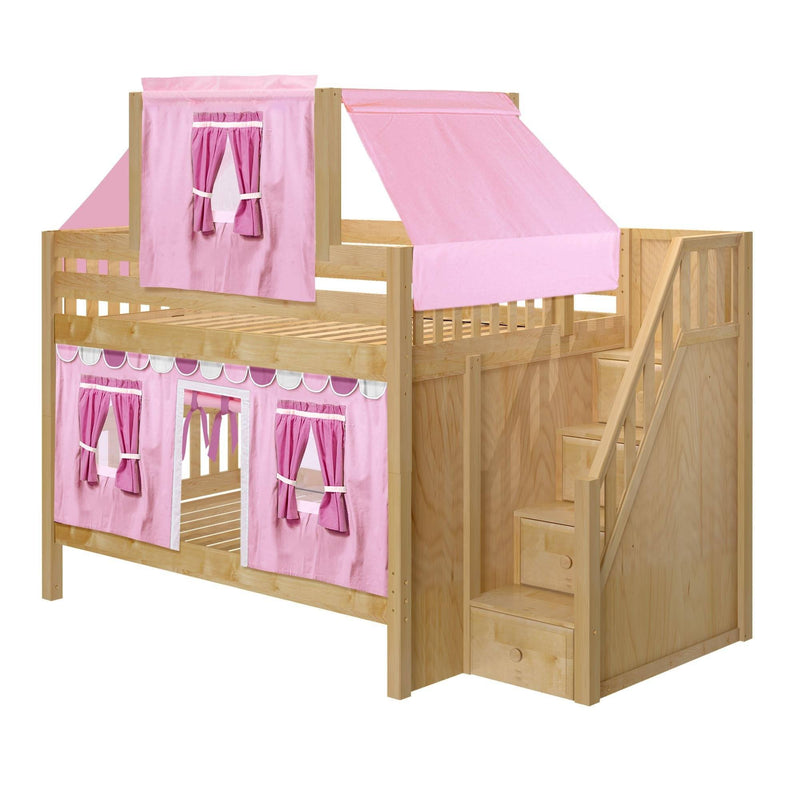 Maxtrix Full Low Bunk Bed with Stairs, Curtain + Top Tent