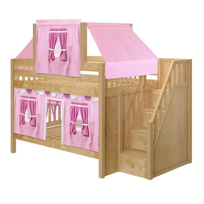 Maxtrix Full Low Bunk Bed with Stairs, Curtain + Top Tent