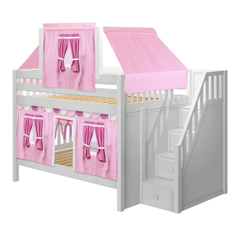 Maxtrix Full Low Bunk Bed with Stairs, Curtain + Top Tent