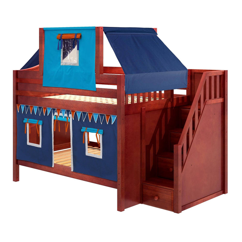 Maxtrix Full Low Bunk Bed with Stairs, Curtain + Top Tent