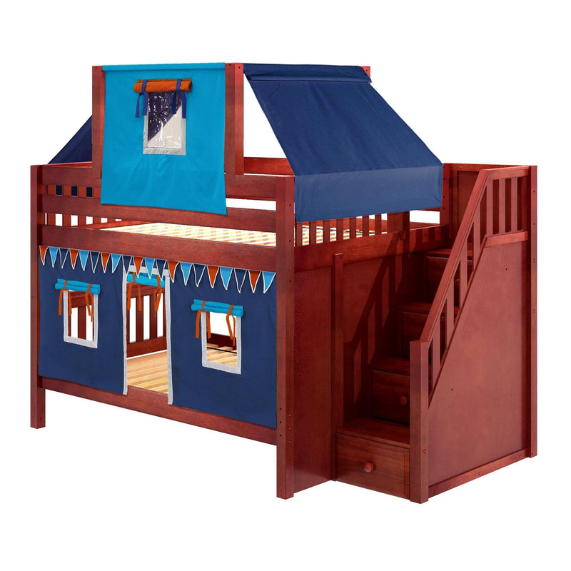 Maxtrix Full Low Bunk Bed with Stairs, Curtain + Top Tent