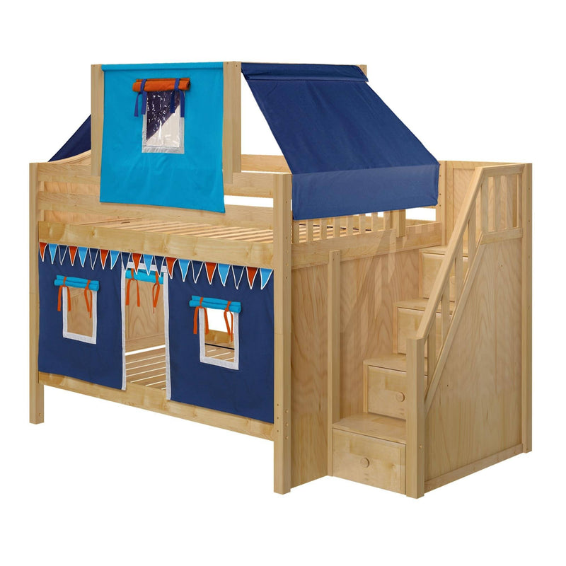 Maxtrix Full Low Bunk Bed with Stairs, Curtain + Top Tent
