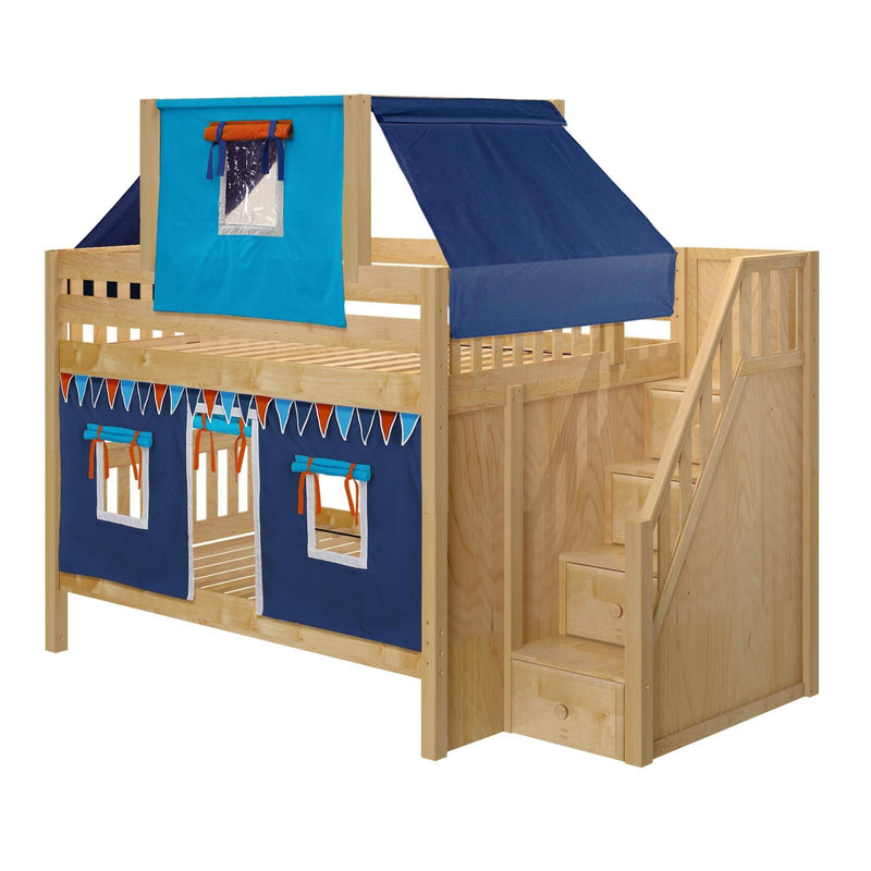 Maxtrix Full Low Bunk Bed with Stairs, Curtain + Top Tent