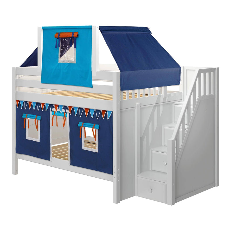 Maxtrix Full Low Bunk Bed with Stairs, Curtain + Top Tent