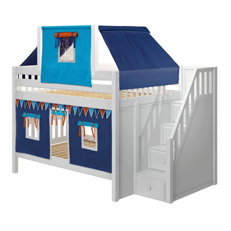Maxtrix Full Low Bunk Bed with Stairs, Curtain + Top Tent