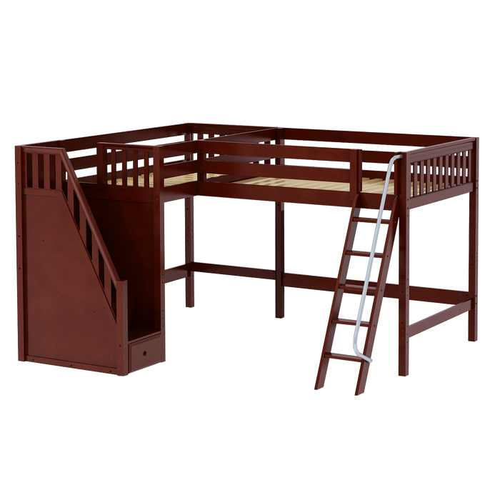 Maxtrix Twin Full High Corner Loft Bed with Ladder + Stairs - L