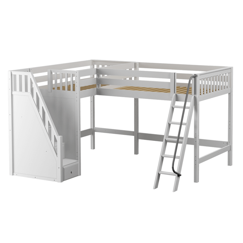 Maxtrix Twin Full High Corner Loft Bed with Ladder + Stairs - L