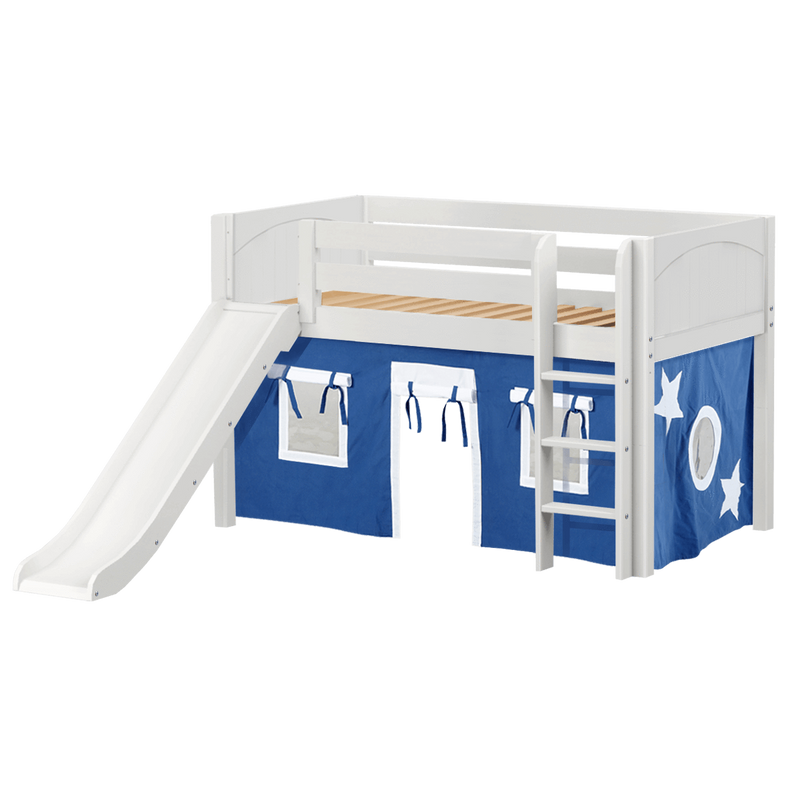 Maxtrix Twin Low Loft Bed with Straight Ladder, Curtain + Slide