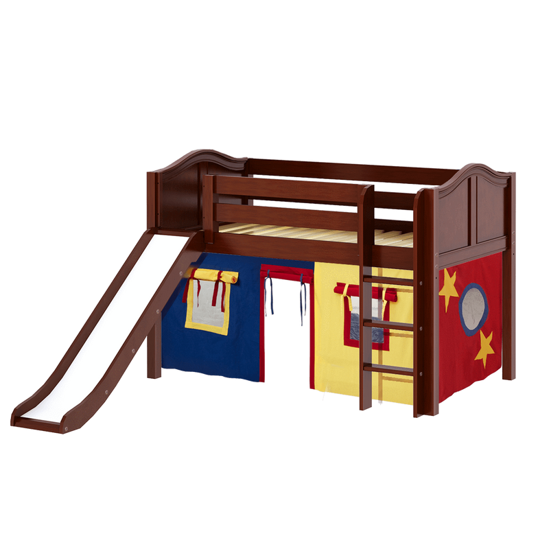 Maxtrix Twin Low Loft Bed with Straight Ladder, Curtain + Slide