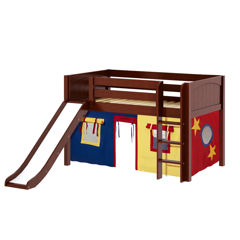 Maxtrix Twin Low Loft Bed with Straight Ladder, Curtain + Slide