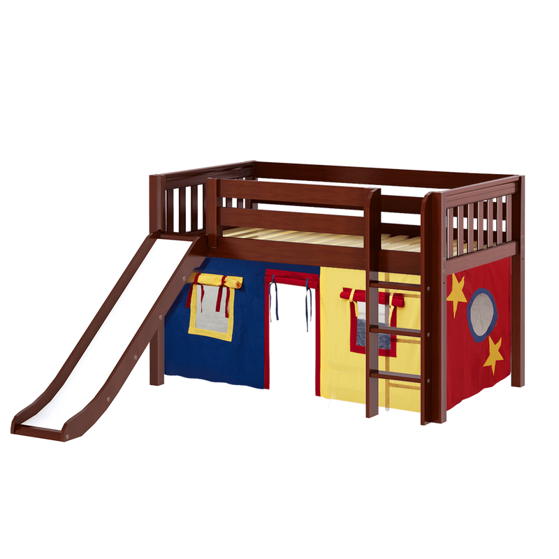 Maxtrix Twin Low Loft Bed with Straight Ladder, Curtain + Slide