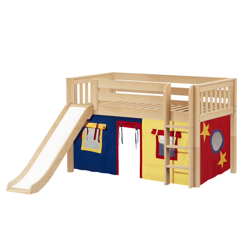 Maxtrix Twin Low Loft Bed with Straight Ladder, Curtain + Slide