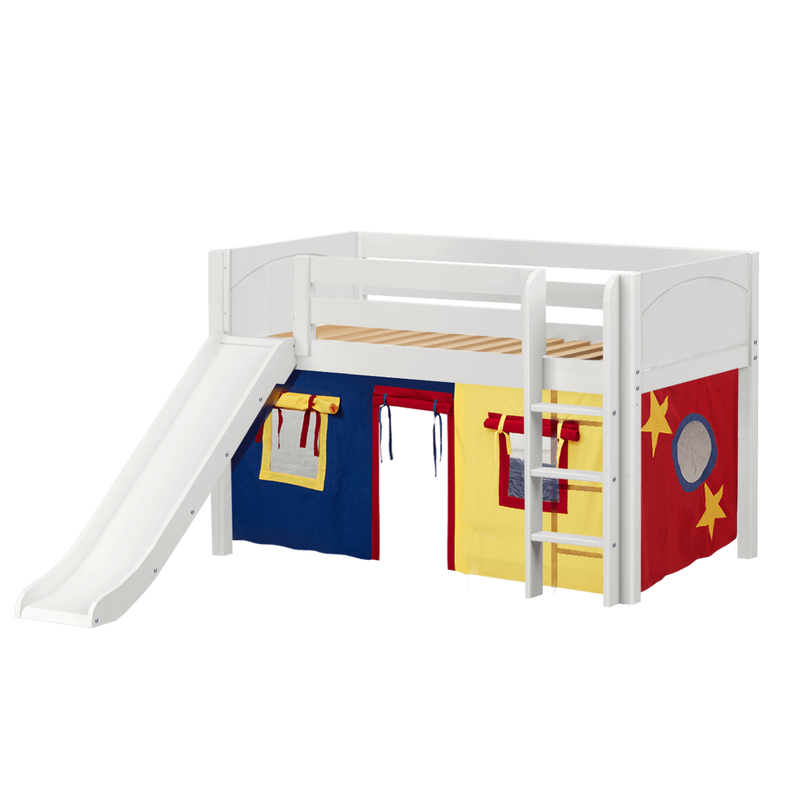 Maxtrix Twin Low Loft Bed with Straight Ladder, Curtain + Slide