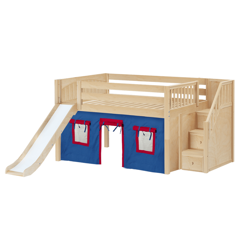 Maxtrix Full Low Loft Bed with Stairs, Curtain + Slide