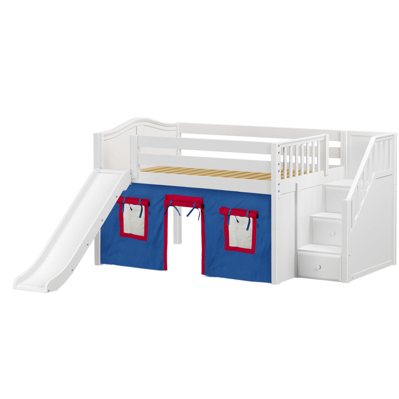 Maxtrix Full Low Loft Bed with Stairs, Curtain + Slide