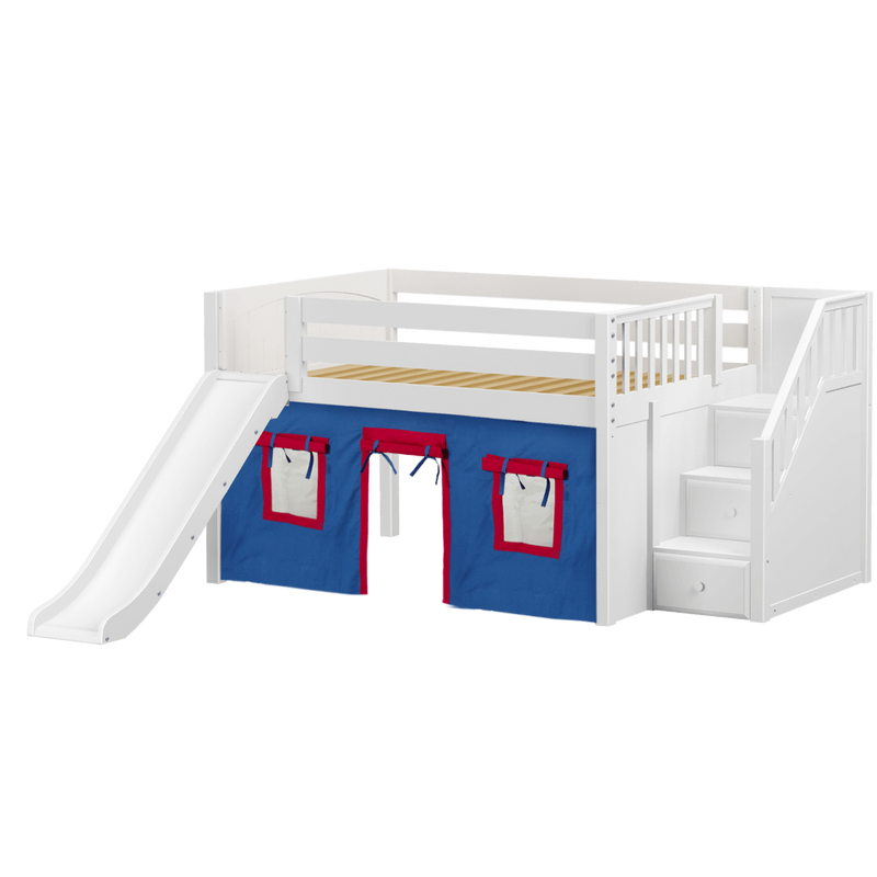 Maxtrix Full Low Loft Bed with Stairs, Curtain + Slide