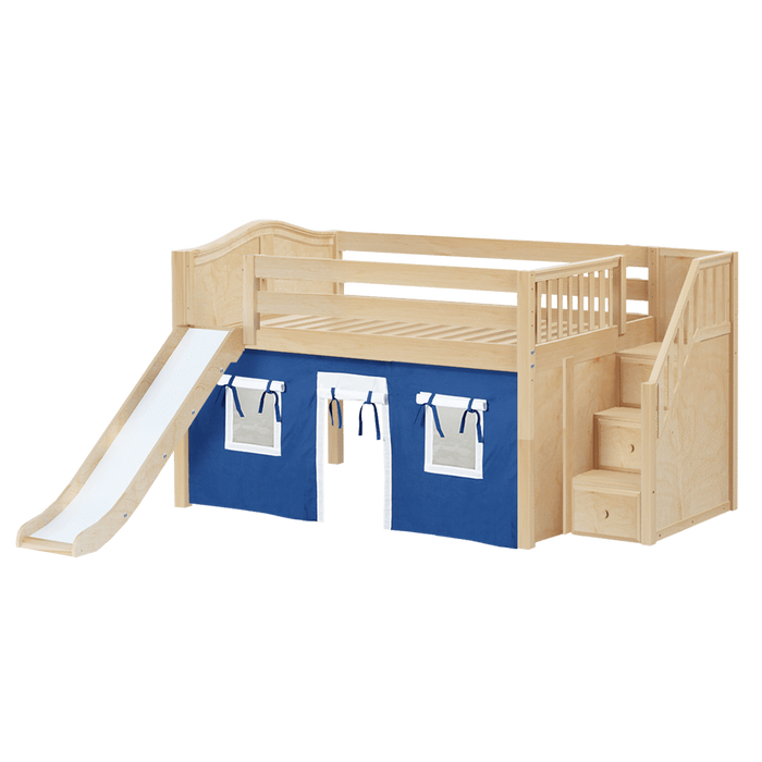 Maxtrix Full Low Loft Bed with Stairs, Curtain + Slide