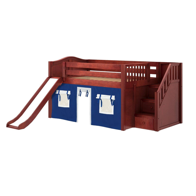 Maxtrix Full Low Loft Bed with Stairs, Curtain + Slide
