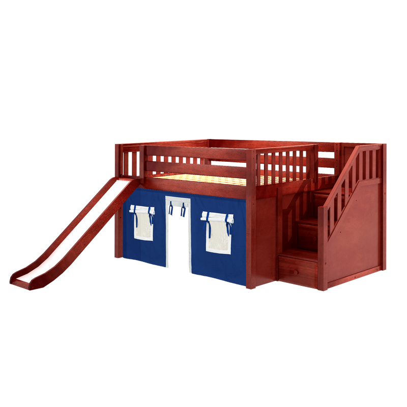 Maxtrix Full Low Loft Bed with Stairs, Curtain + Slide