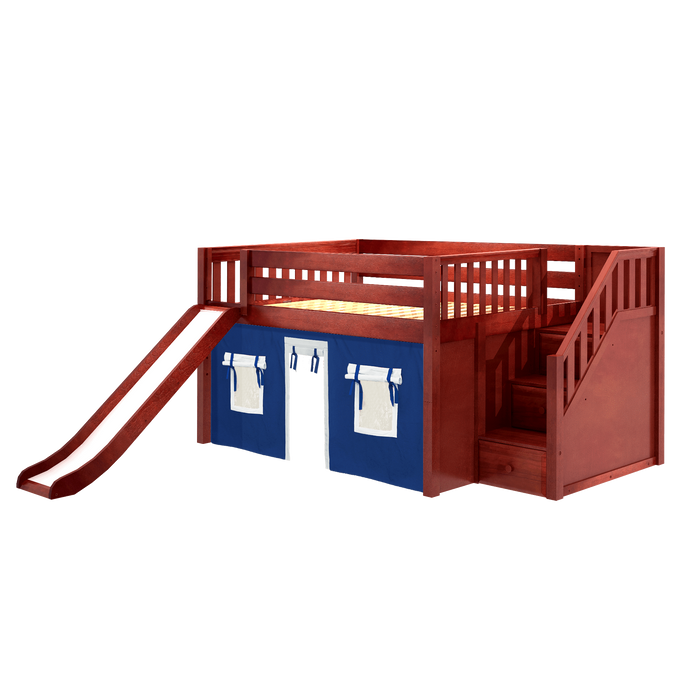 Maxtrix Full Low Loft Bed with Stairs, Curtain + Slide