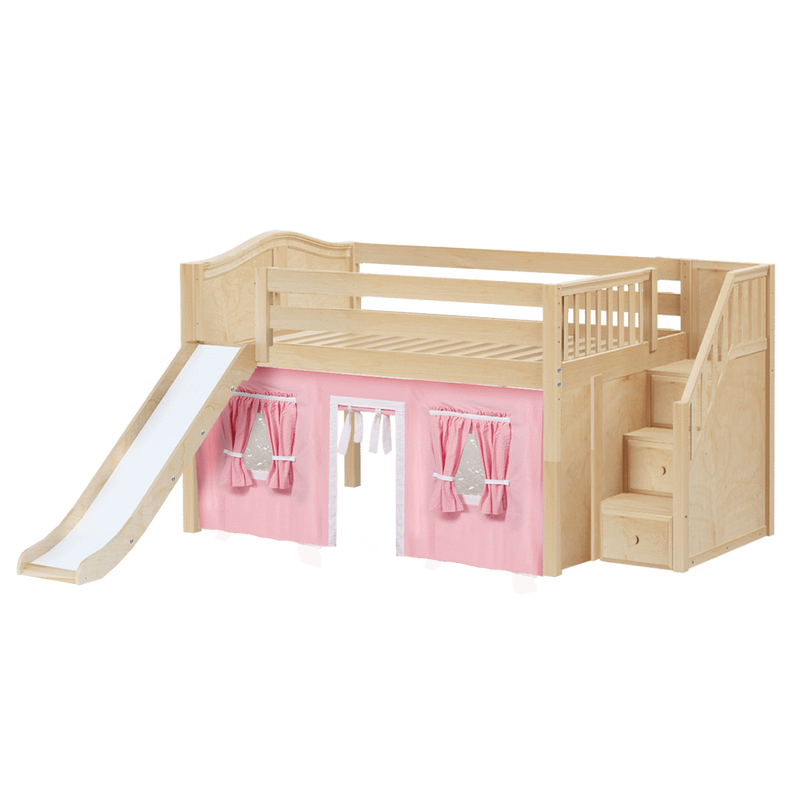 Maxtrix Full Low Loft Bed with Stairs, Curtain + Slide