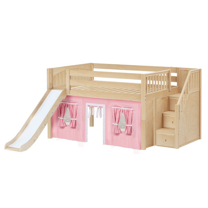 Maxtrix Full Low Loft Bed with Stairs, Curtain + Slide