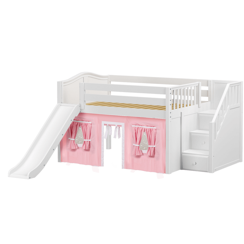 Maxtrix Full Low Loft Bed with Stairs, Curtain + Slide