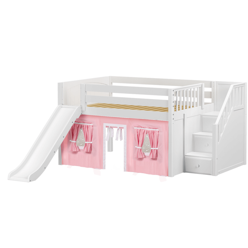 Maxtrix Full Low Loft Bed with Stairs, Curtain + Slide