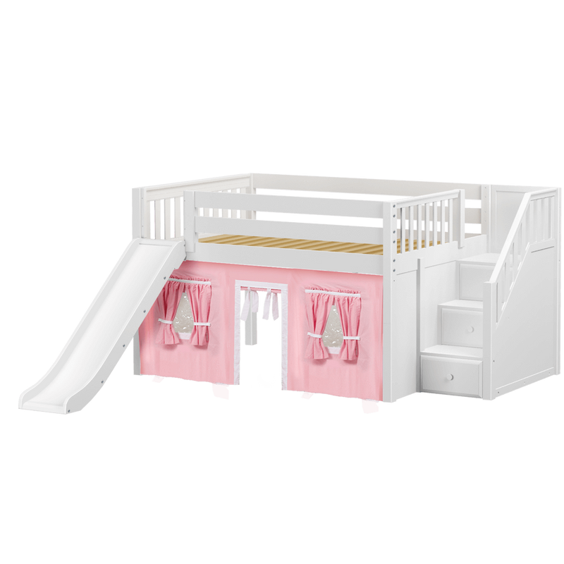 Maxtrix Full Low Loft Bed with Stairs, Curtain + Slide