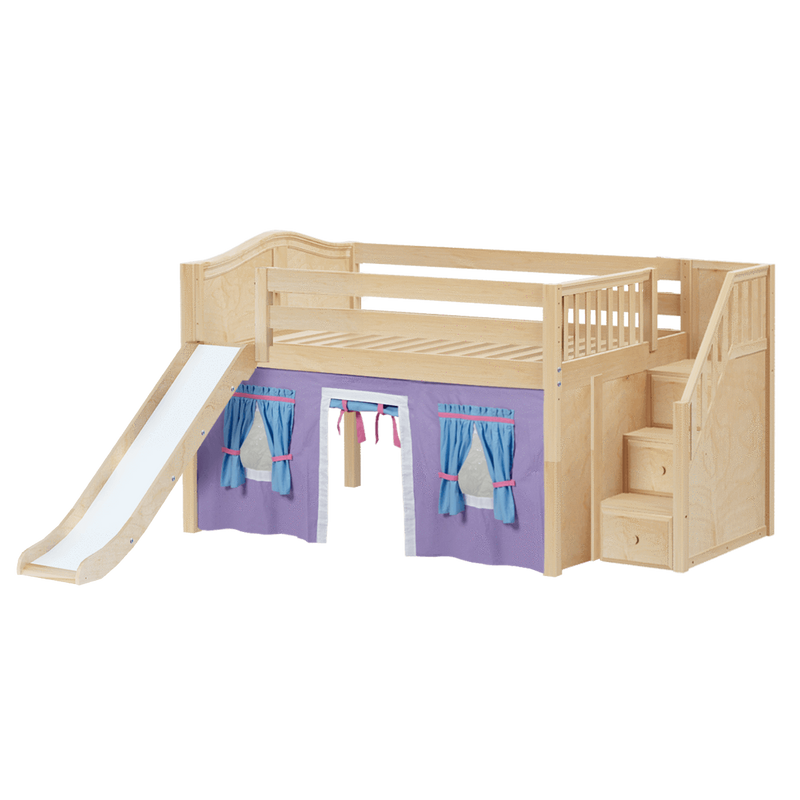 Maxtrix Full Low Loft Bed with Stairs, Curtain + Slide