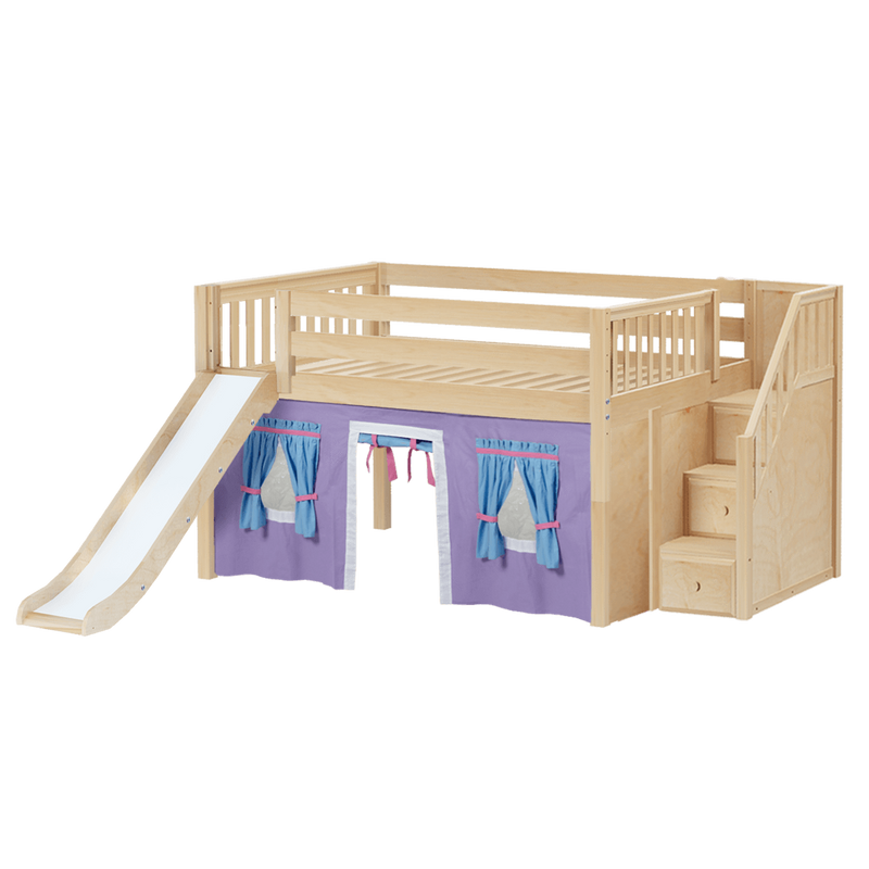 Maxtrix Full Low Loft Bed with Stairs, Curtain + Slide