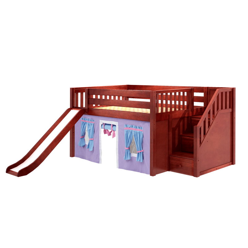 Maxtrix Full Low Loft Bed with Stairs, Curtain + Slide