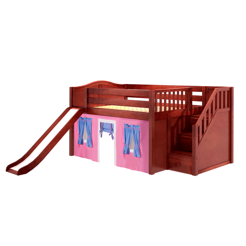 Maxtrix Full Low Loft Bed with Stairs, Curtain + Slide