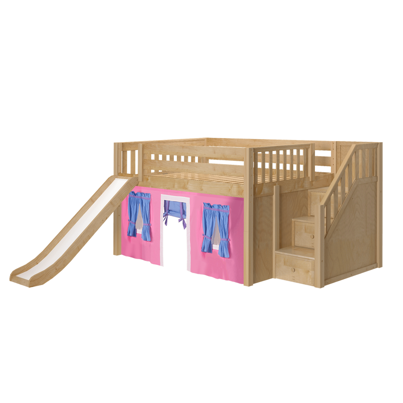 Maxtrix Full Low Loft Bed with Stairs, Curtain + Slide