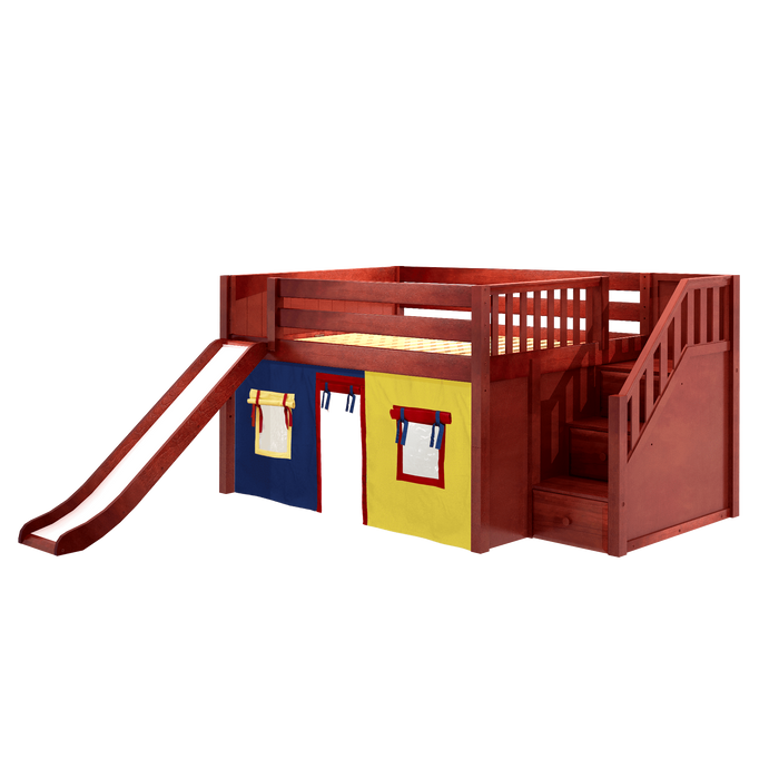 Maxtrix Full Low Loft Bed with Stairs, Curtain + Slide