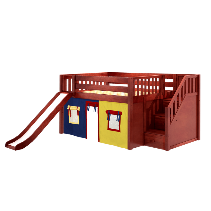 Maxtrix Full Low Loft Bed with Stairs, Curtain + Slide