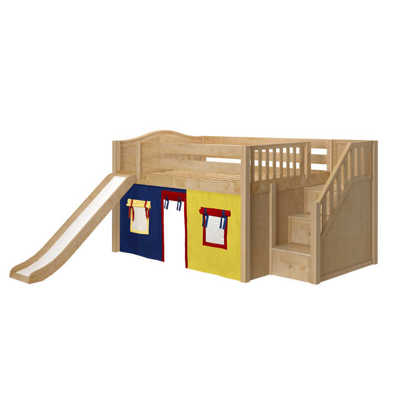 Maxtrix Full Low Loft Bed with Stairs, Curtain + Slide