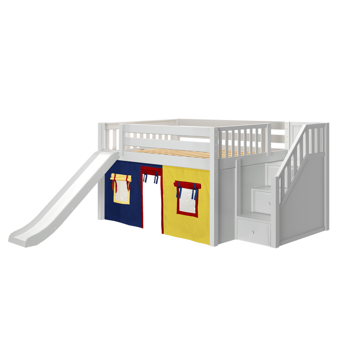 Maxtrix Full Low Loft Bed with Stairs, Curtain + Slide