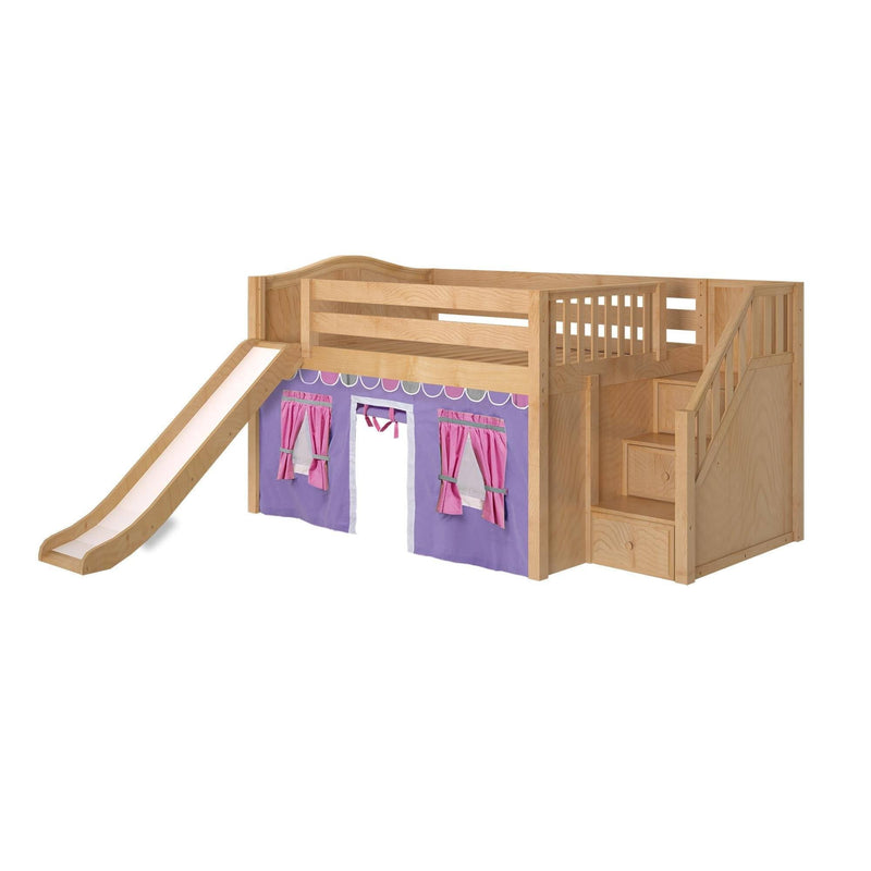 Maxtrix Full Low Loft Bed with Stairs, Curtain + Slide