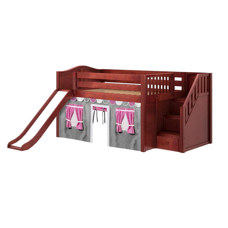 Maxtrix Full Low Loft Bed with Stairs, Curtain + Slide