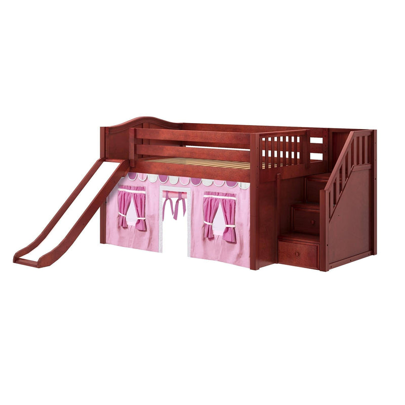 Maxtrix Full Low Loft Bed with Stairs, Curtain + Slide