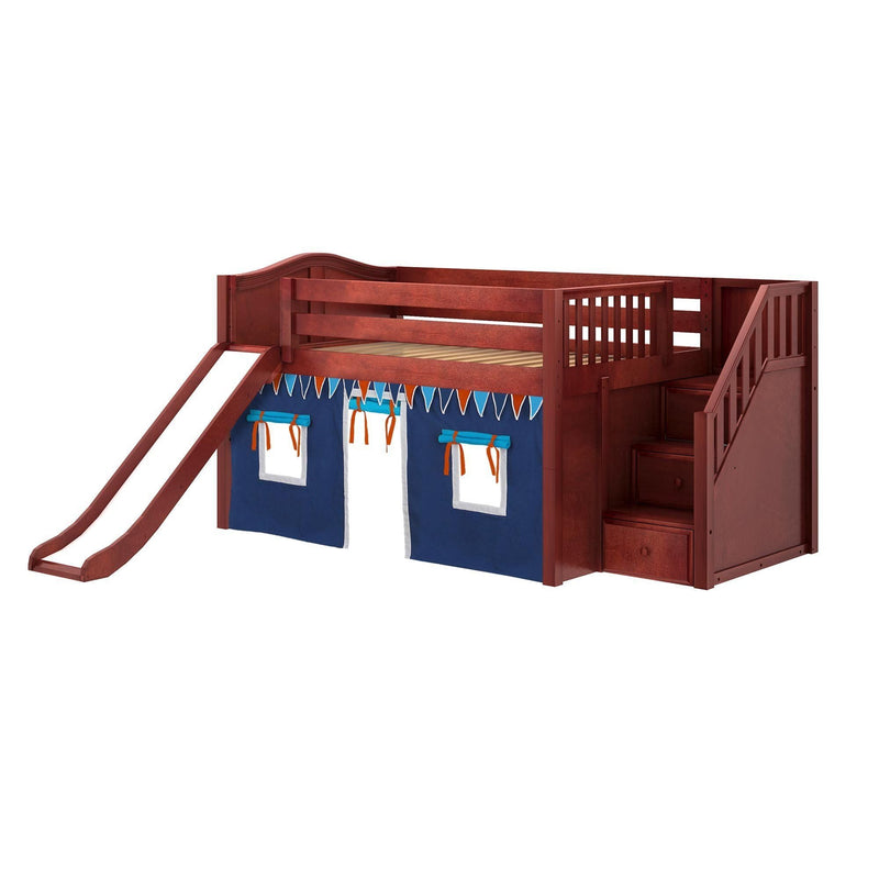 Maxtrix Full Low Loft Bed with Stairs, Curtain + Slide
