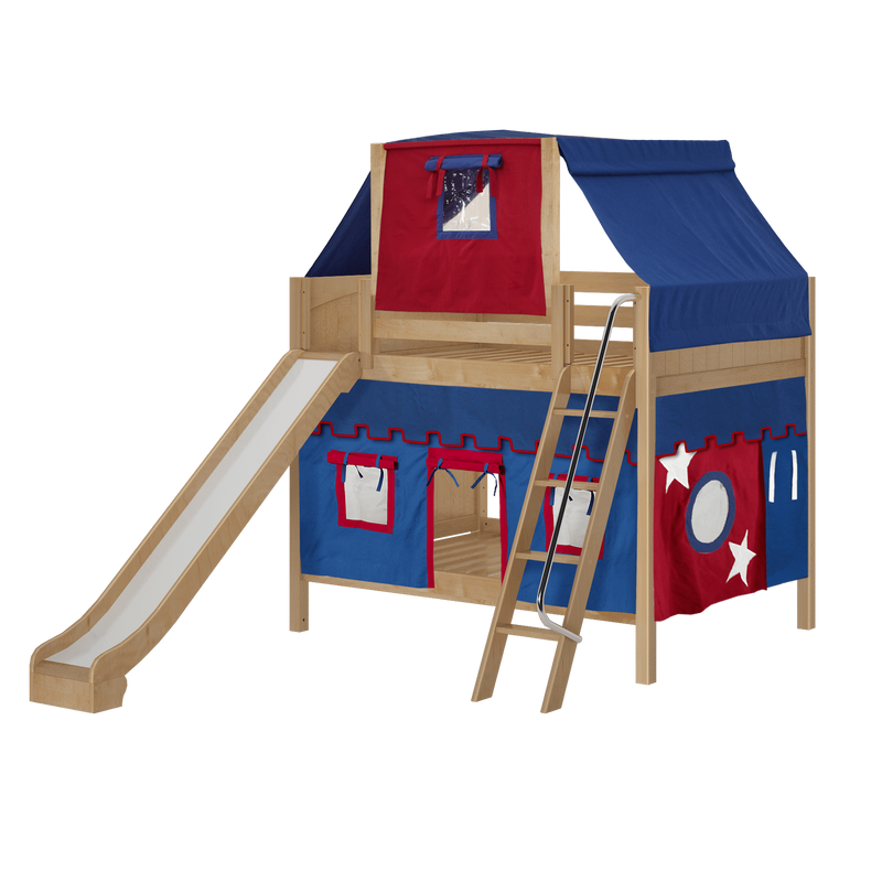 Maxtrix Full Medium Bunk Bed with Angled Ladder, Curtain, Top Tent + Slide