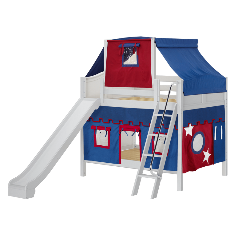 Maxtrix Full Medium Bunk Bed with Angled Ladder, Curtain, Top Tent + Slide