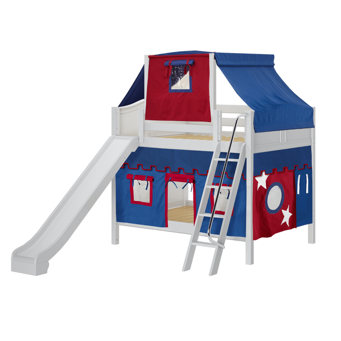 Maxtrix Full Medium Bunk Bed with Angled Ladder, Curtain, Top Tent + Slide