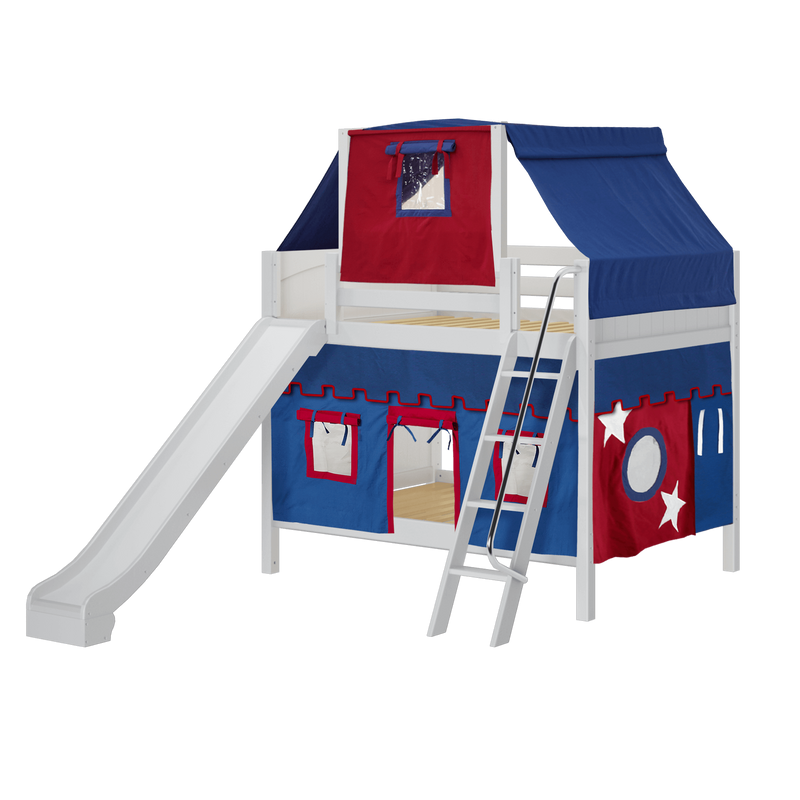 Maxtrix Full Medium Bunk Bed with Angled Ladder, Curtain, Top Tent + Slide